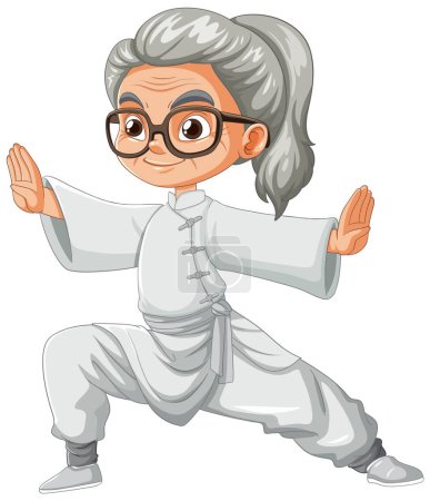 Téléchargez les illustrations : Caricature d'une femme âgée dans une pose de tai chi - en licence libre de droit