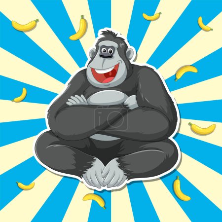 Ilustración de Gorila alegre rodeado de plátanos en azul. - Imagen libre de derechos