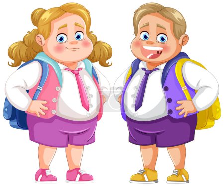 Ilustración de Dos niños alegres listos para la aventura escolar - Imagen libre de derechos