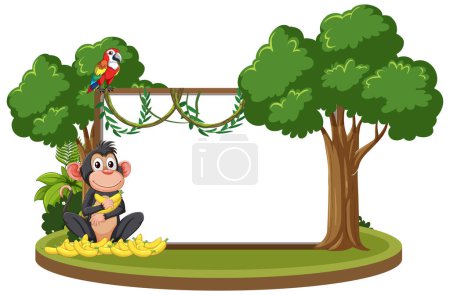 Illustration eines Affen und Papageien unter Bäumen