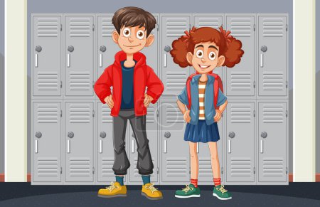 Téléchargez les illustrations : Deux enfants heureux debout dans un couloir d'école - en licence libre de droit