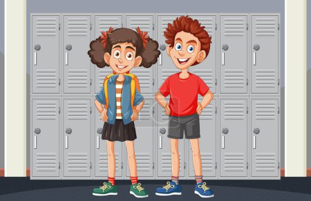 Two cartoon children smiling in a school hallway