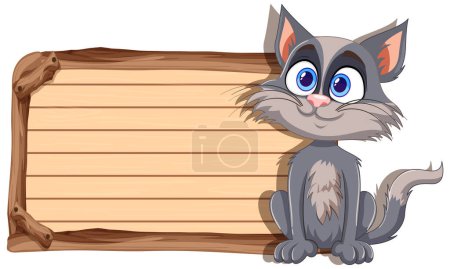 Ilustración de Adorable gato de dibujos animados sentado junto a un letrero. - Imagen libre de derechos