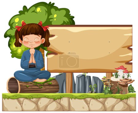 Illustration for Cartoon girl meditating beside an empty signboard. - Royalty Free Image