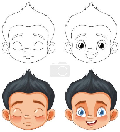 Illustration for Four stages of a boy's face from sketch to color. - Royalty Free Image
