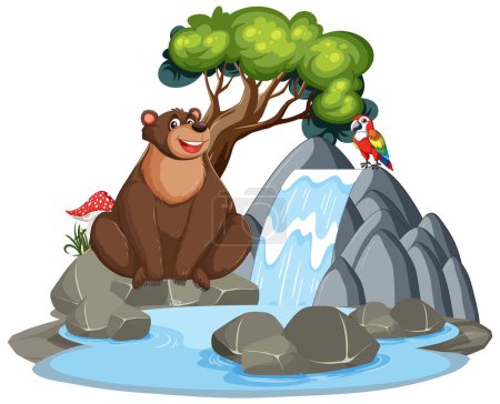 Ilustración de Oso y loro disfrutando de la naturaleza cerca de una cascada. - Imagen libre de derechos