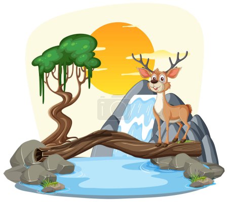 Illustration for Illustration of a deer on a bridge over water - Royalty Free Image