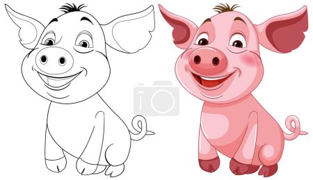 Téléchargez les illustrations : Deux cochons souriants, un de couleur et un de contour. - en licence libre de droit