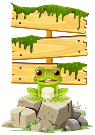 Illustration for Cheerful frog sitting on rocks under a sign. - Royalty Free Image