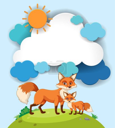 Vector illustration of foxes on a grassy hill