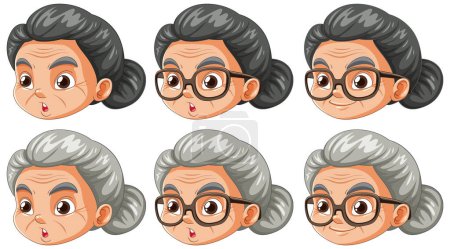 Sechs Gesichtsausdrücke einer älteren Frau veranschaulicht.