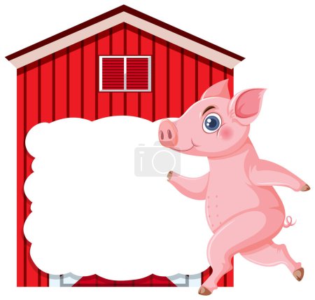 Téléchargez les illustrations : Joyeux cochon à côté d'un panneau blanc et d'une grange. - en licence libre de droit