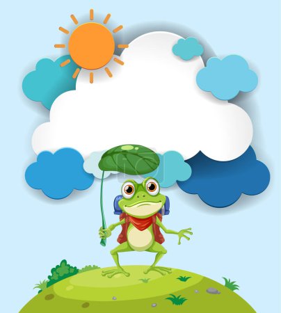 Cheerful frog using a leaf as an umbrella.