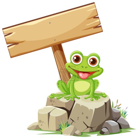 Illustration for Cheerful frog sitting on a rock, blank sign above - Royalty Free Image