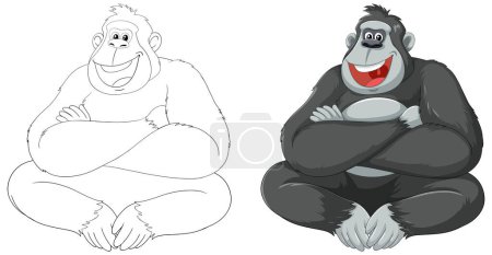 Téléchargez les illustrations : Deux gorilles souriants, un coloré, l'autre esquissé. - en licence libre de droit