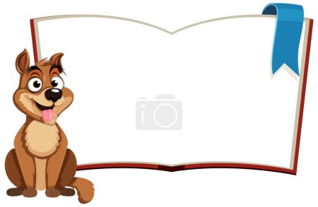 Ilustración de Perro de dibujos animados sentado al lado de un libro abierto en blanco - Imagen libre de derechos