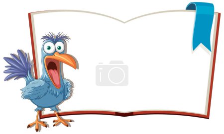 Karikaturenvogel mit großen Augen präsentiert ein offenes Buch