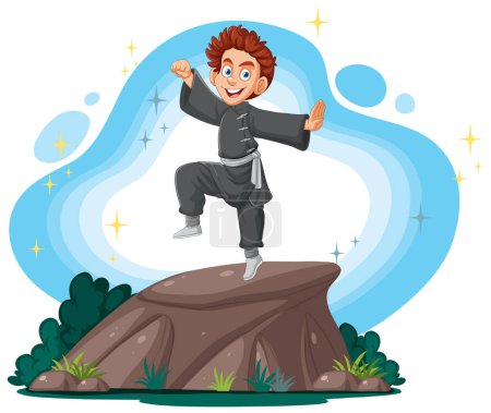 Téléchargez les illustrations : Joyeux enfant en uniforme de karaté sur un rocher - en licence libre de droit