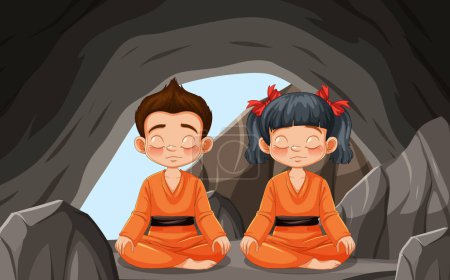 Illustration for Two kids practicing meditation in a serene setting - Royalty Free Image