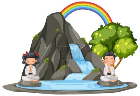 Ilustración de Dos niños meditando cerca de una cascada con arco iris - Imagen libre de derechos