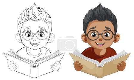 Two cartoon children happily reading colorful books.