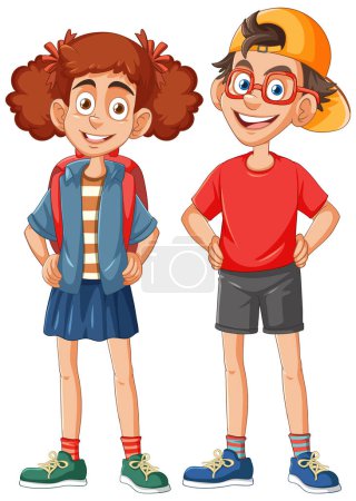 Téléchargez les illustrations : Deux enfants joyeux debout avec des sourires confiants - en licence libre de droit