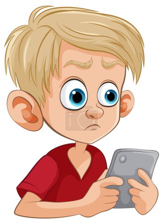 Téléchargez les illustrations : Caricature d'un jeune garçon tenant une tablette, regardant préoccupé - en licence libre de droit