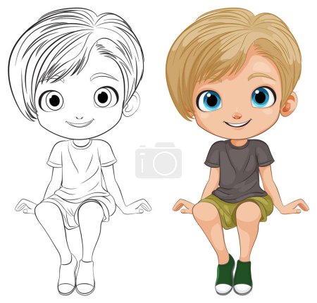 Black and white and colored cartoon boy sitting