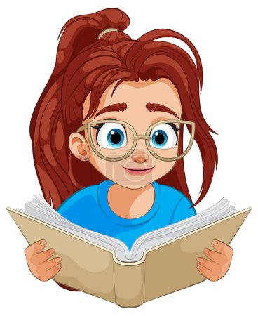 Ilustración de Chica joven con gafas profundamente centrado en un libro - Imagen libre de derechos