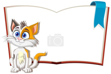 Téléchargez les illustrations : Adorable chaton de dessin animé assis à côté d'un livre vierge - en licence libre de droit
