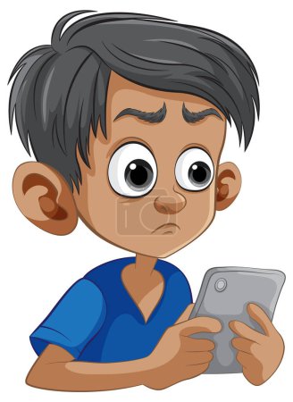 Illustration for Cartoon of a concerned young boy holding a tablet - Royalty Free Image