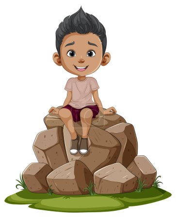 Ilustración de Alegre niño disfrutando de tiempo en un asiento rocoso - Imagen libre de derechos