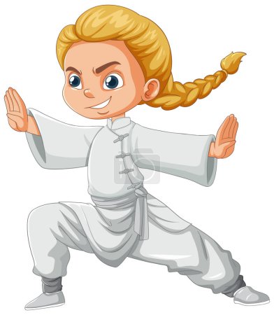 Téléchargez les illustrations : Cartoon girl pratiquant la posture des arts martiaux. - en licence libre de droit
