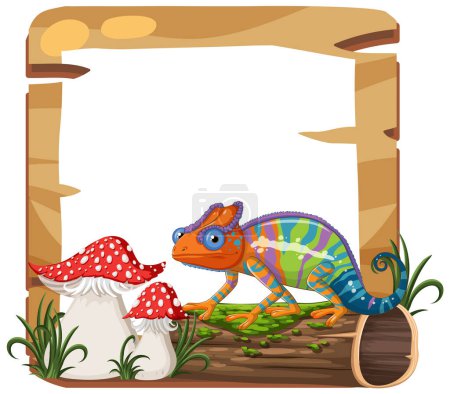 Illustration for Vibrant chameleon with mushrooms on a wooden frame. - Royalty Free Image