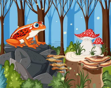 Illustration for Vibrant frog sitting on rocks with mushrooms - Royalty Free Image