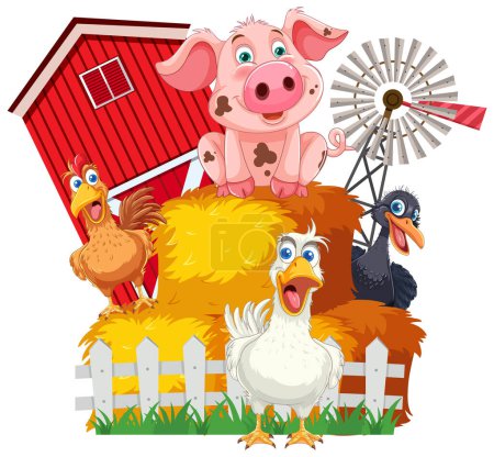 Illustration for Colorful farm animals gathered by the barn. - Royalty Free Image