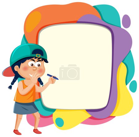 Illustration for Cartoon girl drawing on abstract colorful backdrop - Royalty Free Image