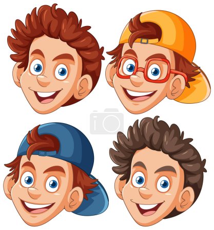 Four stylized illustrations of a cheerful boy