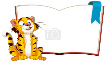 Ilustración de Tigre de dibujos animados sentado junto a un gran libro en blanco. - Imagen libre de derechos