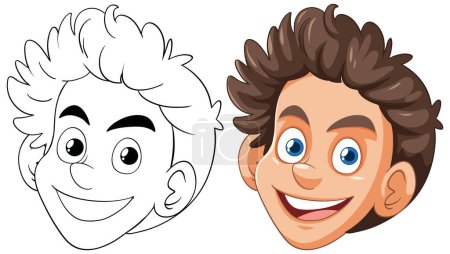 Illustration for Two happy cartoon faces, one colored, one outlined. - Royalty Free Image