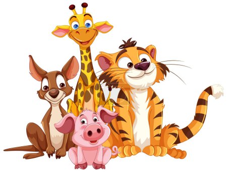 Téléchargez les illustrations : Illustration colorée de joyeux amis animaux de la jungle - en licence libre de droit