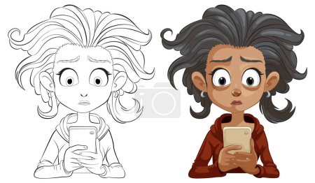 Illustration for Color and line art of a girl shocked by phone content - Royalty Free Image
