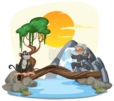 Anciano y mono sentados junto a un río al atardecer.