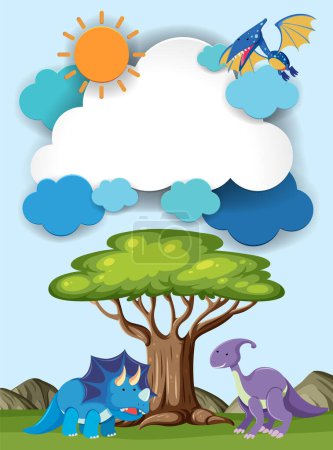 Illustration for Colorful dinosaurs under a tree with a flying dragon - Royalty Free Image
