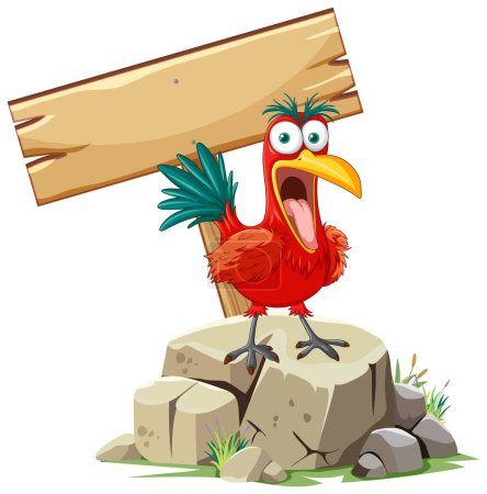 Illustration for Colorful bird standing on a stump holding a sign. - Royalty Free Image