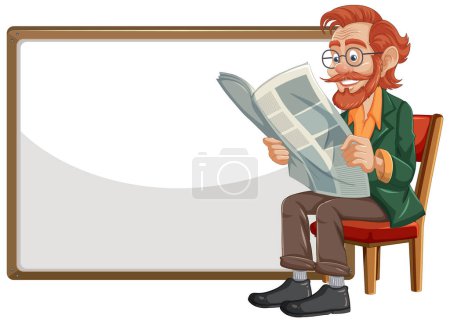 Téléchargez les illustrations : Caricature d'un homme lisant un journal assis - en licence libre de droit