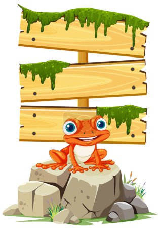 Téléchargez les illustrations : Une grenouille souriante assise sous un panneau recouvert de mousse. - en licence libre de droit