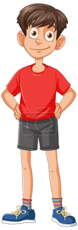 Téléchargez les illustrations : Caricature d'un garçon souriant debout avec les mains sur les hanches - en licence libre de droit