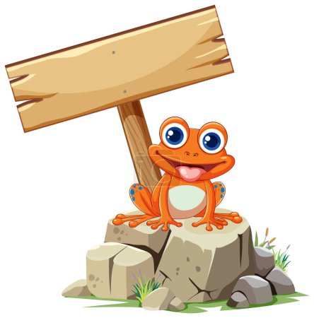 Téléchargez les illustrations : Illustration vectorielle d'une grenouille heureuse sur un rocher - en licence libre de droit
