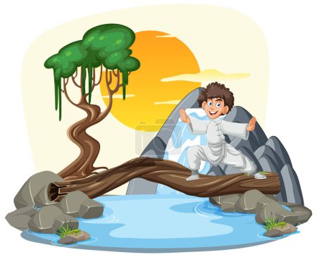 Téléchargez les illustrations : Joyeux enfant traversant un ruisseau sur un pont en rondins - en licence libre de droit